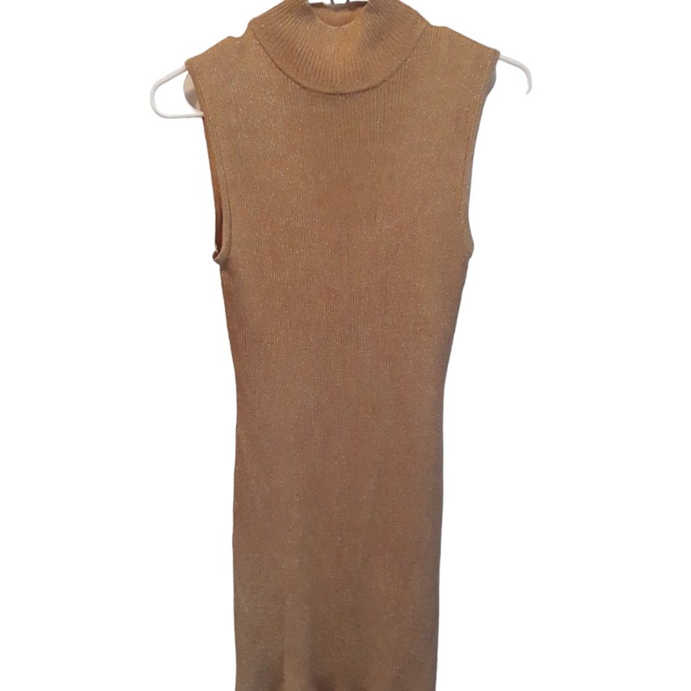Adrienne Vittadini GOLD Metallic Sheath Turtleneck Knit Dress Size P